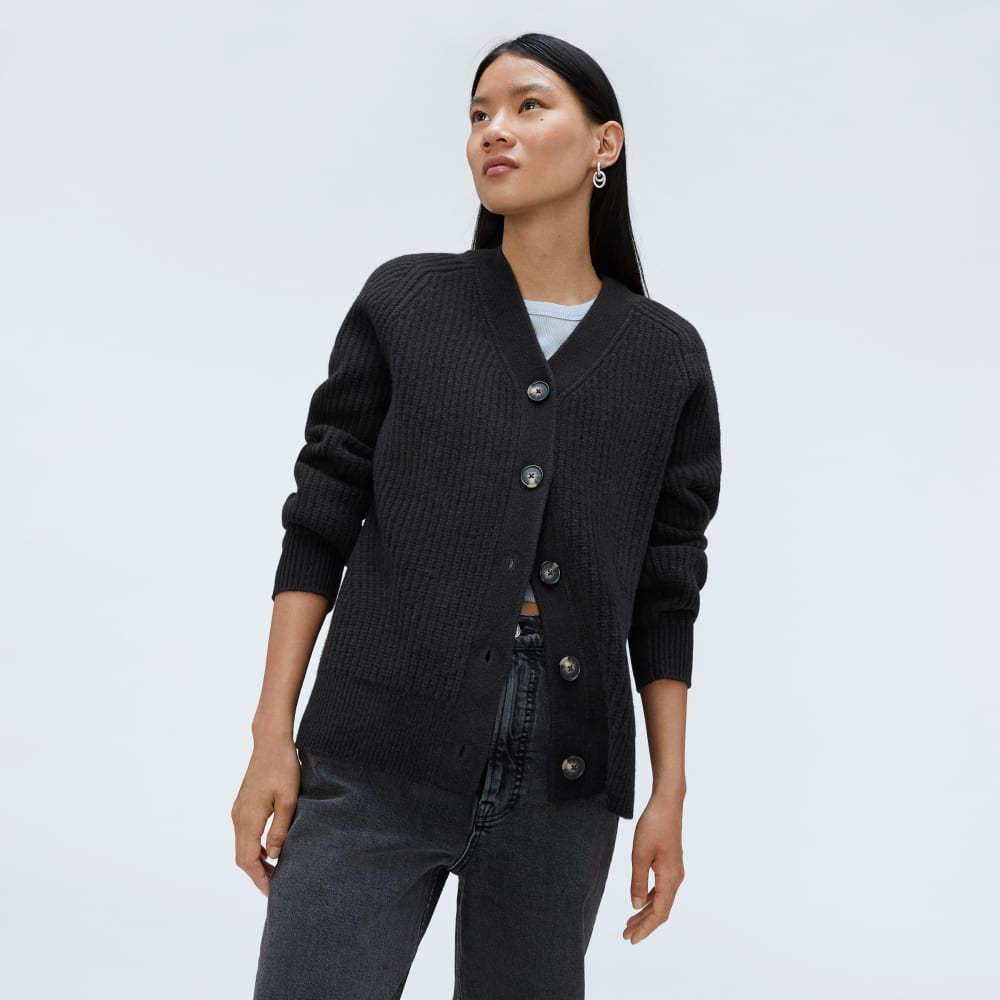 The Felted Merino Cardigan in Black — detail view