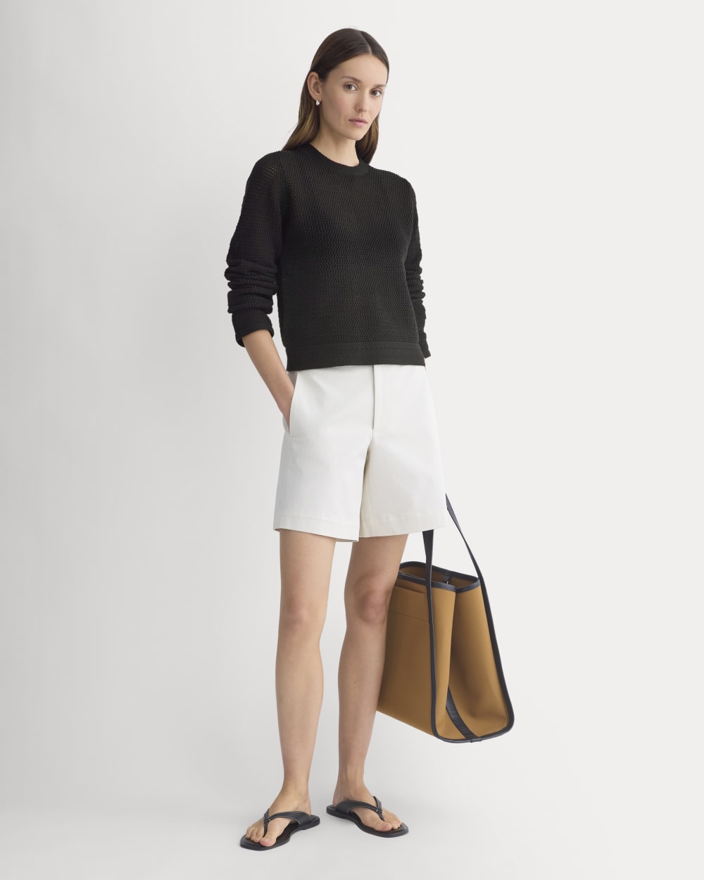 Open Knit Long-Sleeve Crew in Everyday Cotton in Black — detail view