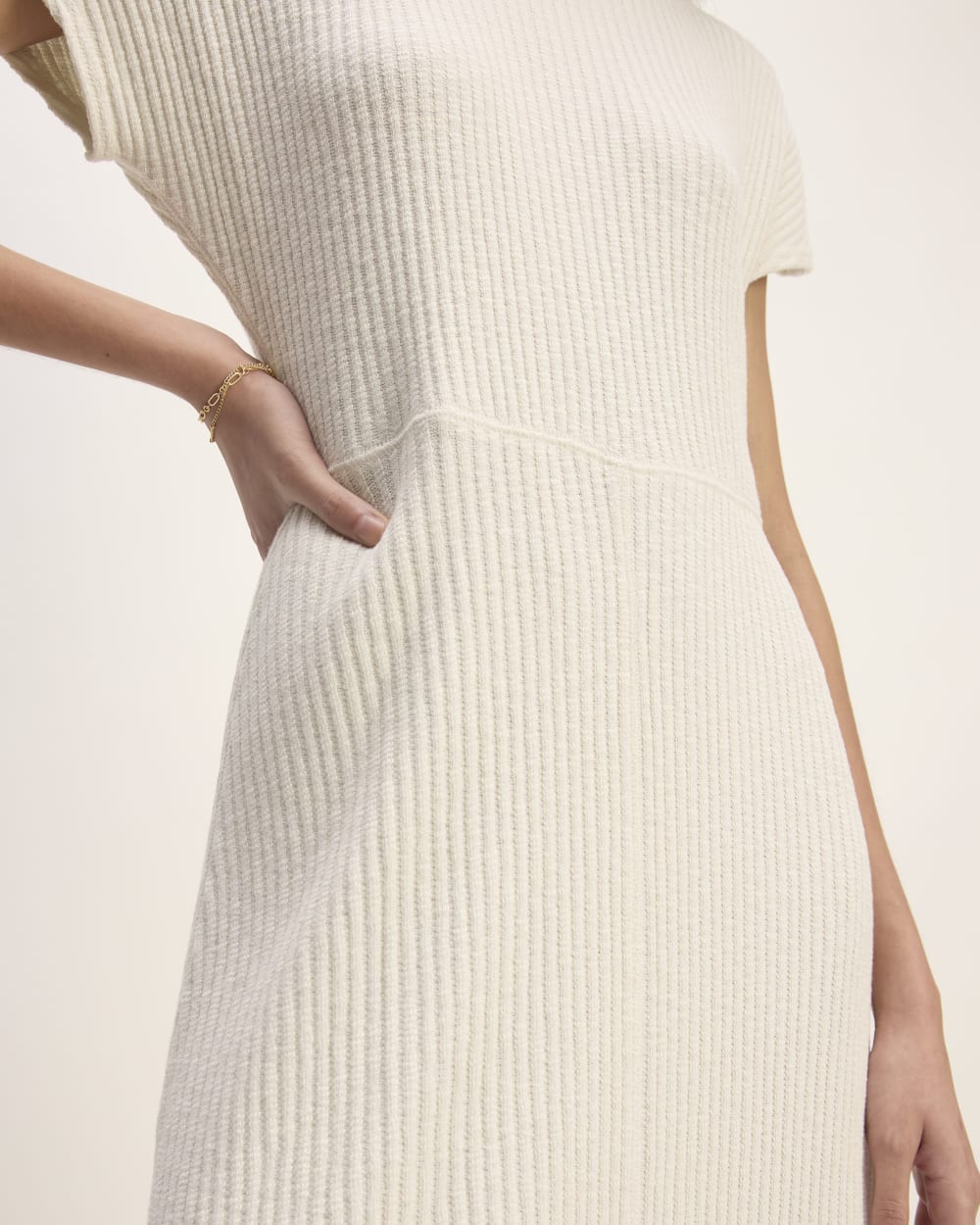 The Rib-Knit Cap-Sleeve Midi Dress in Bone — detail view