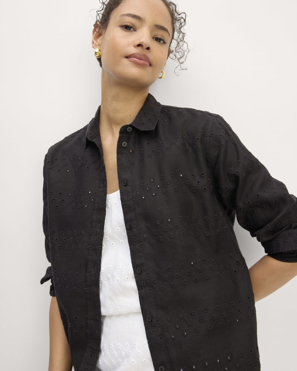 The Linen Eyelet Relaxed Shirt in Black Eyelet — detail view