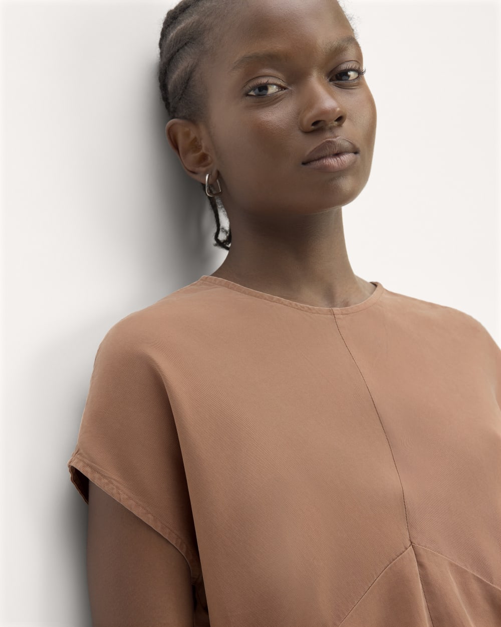 The Drape Top in Butterlite in Carob Brown — detail view