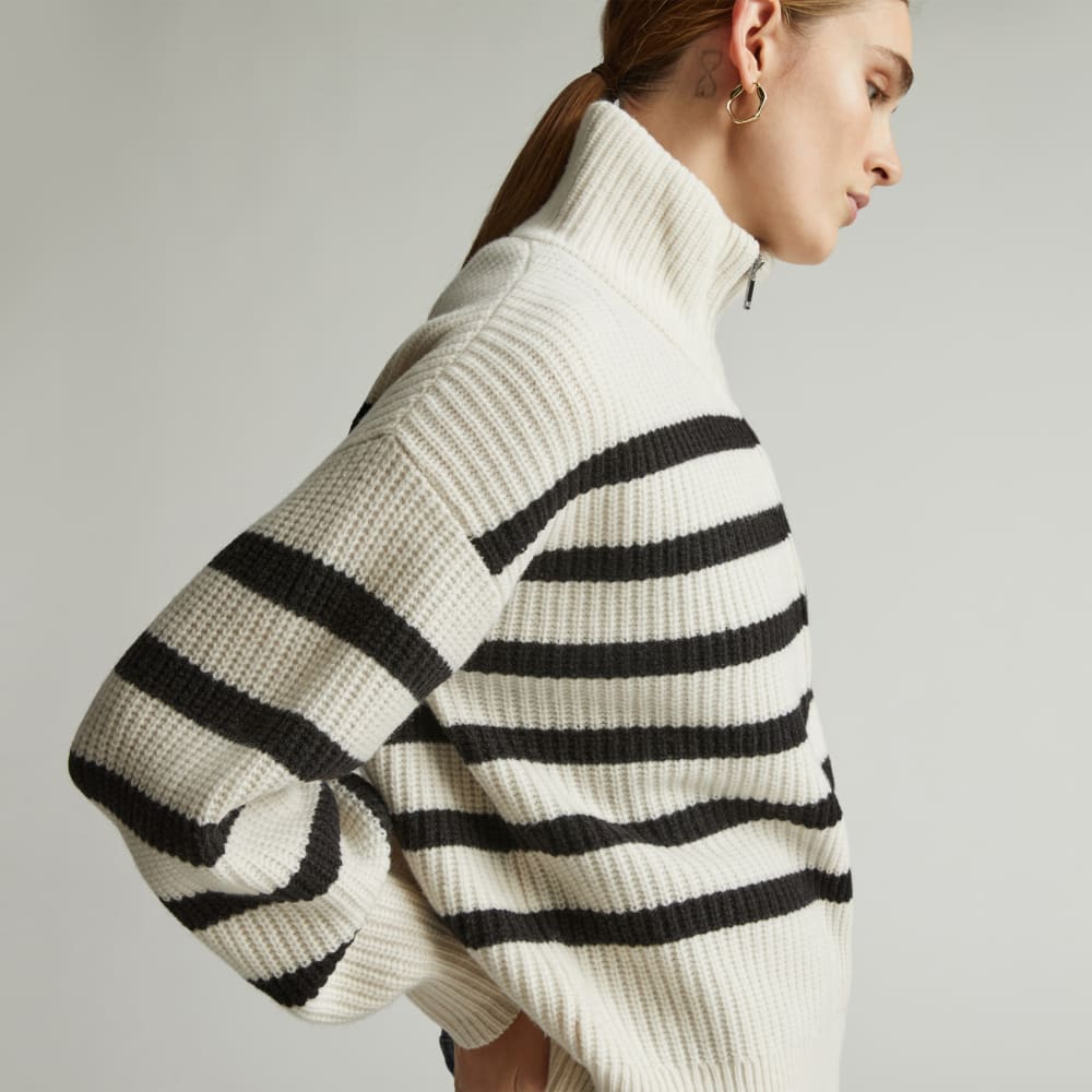 The Half-Zip Sweater in Luxe Merino in Bone / Black — detail view