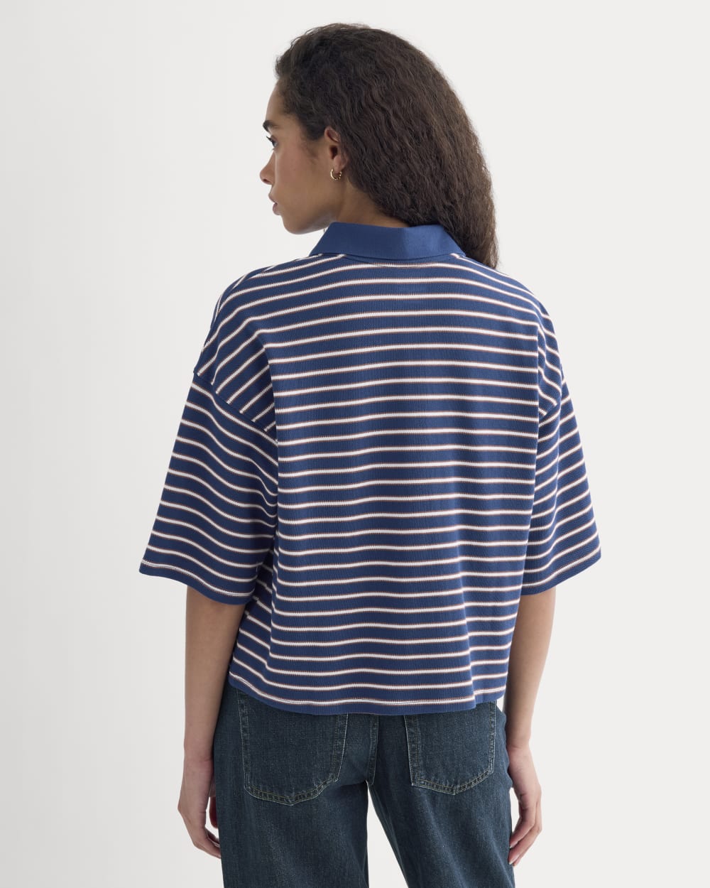 Pique Boxy Polo in Estate Blue/Henna/Gardenia — detail view