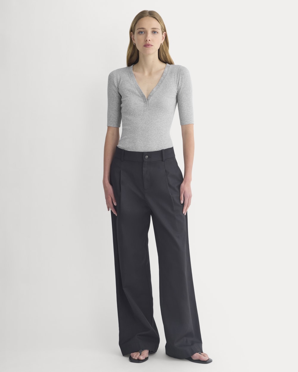 Luxe Rib V-Neck Henley in Heathered Light Grey — detail view