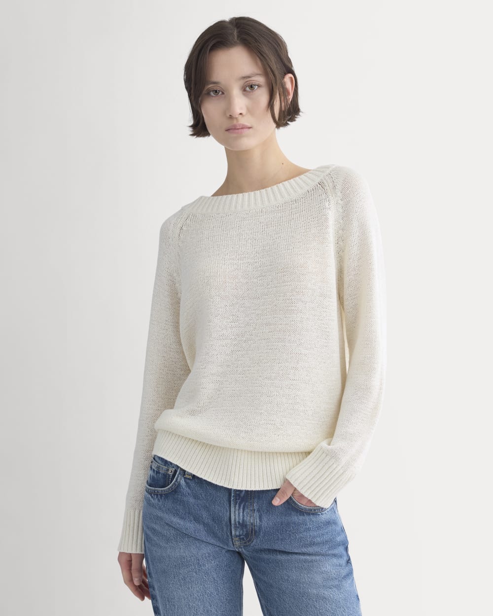 Wide-Neck Crew Sweater in Tape Yarn in Bone — detail view
