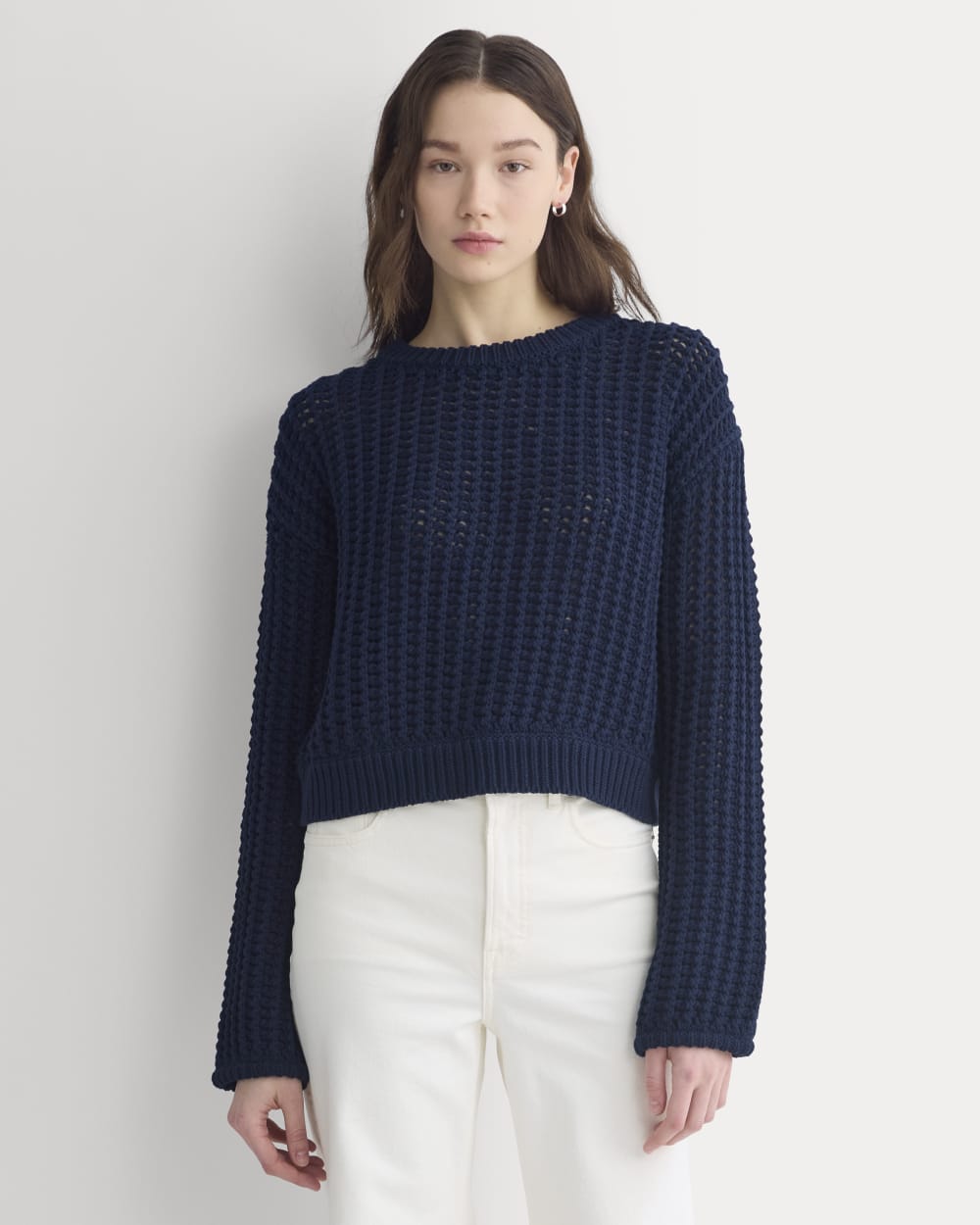 Open-Knit Crew in Elevated Cotton in Navy — front view