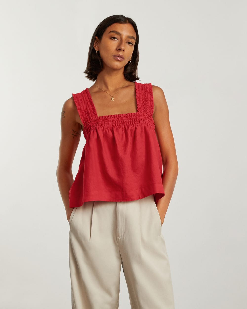 The Smocked Linen Cami in Goji Berry — detail view