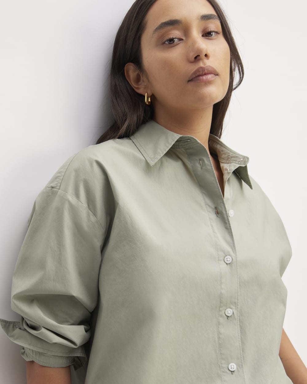 The Supima® Cotton Boyfriend Shirt in Sage Green — detail view