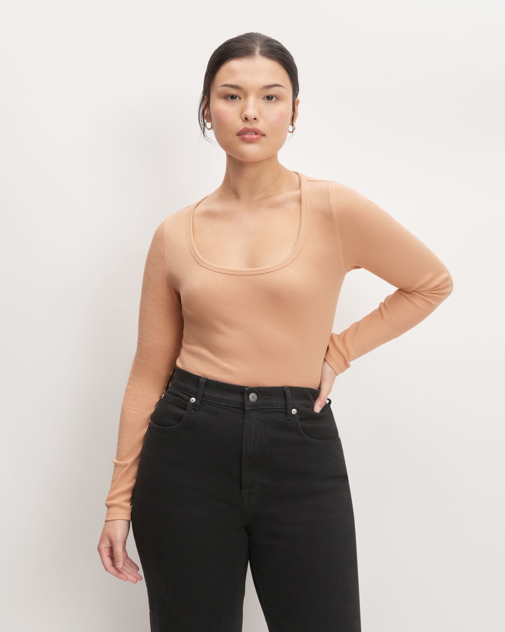 The Luxe Rib Long-Sleeve Scoop-Neck Tee in Blush Pink — front view