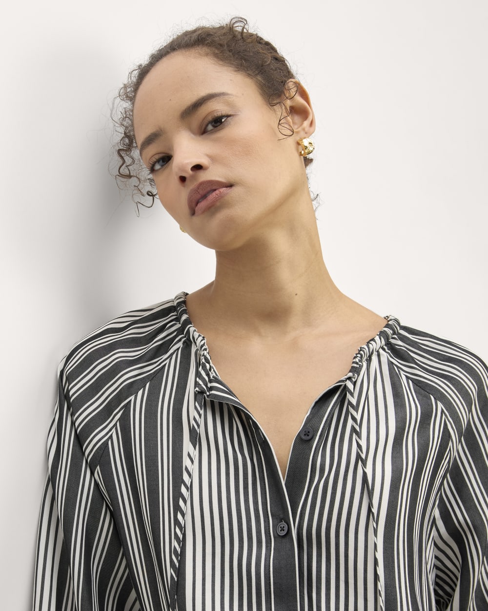 The Gathered Shirt in Butterlite in Black / Bone — detail view