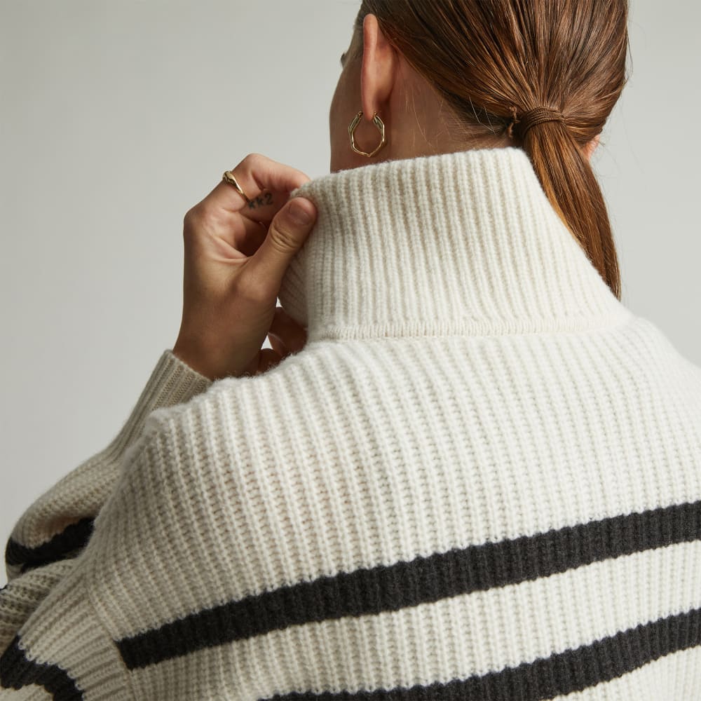The Half-Zip Sweater in Luxe Merino in Bone / Black — detail view