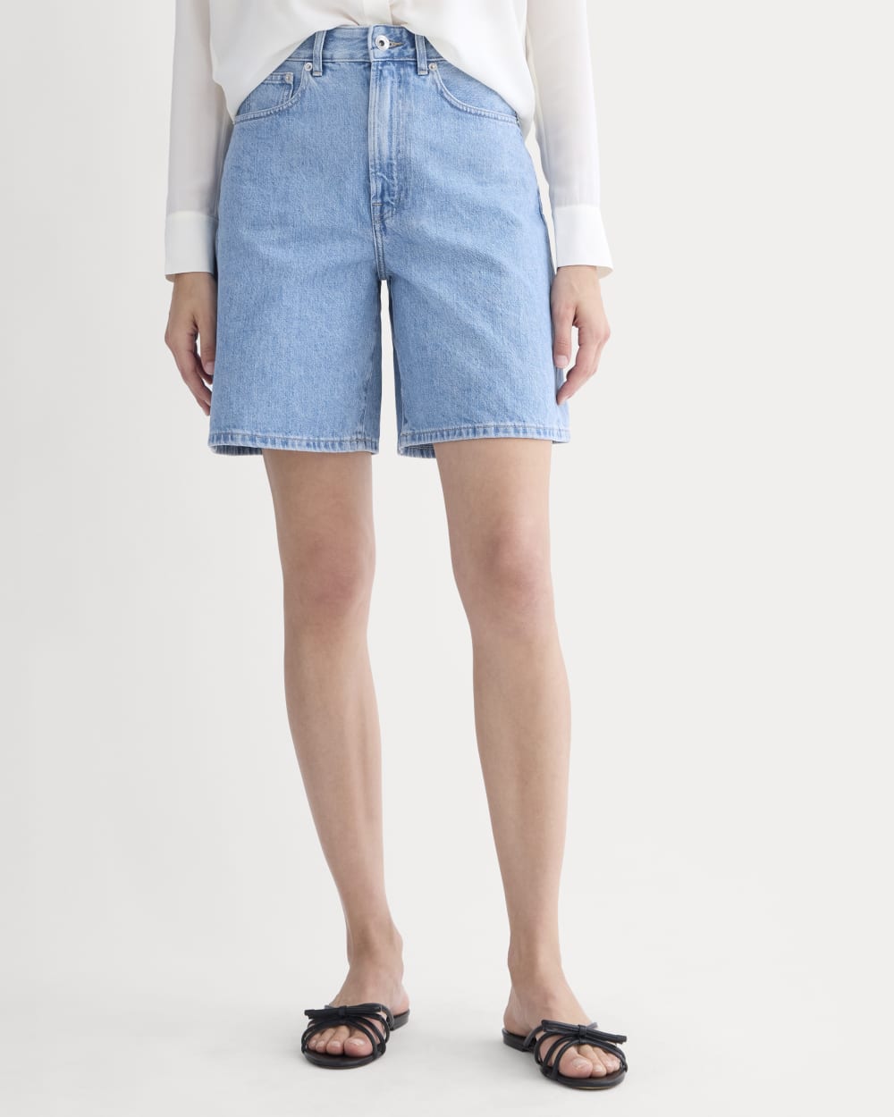 The Long A-Line Denim Short in Light Indigo — detail view