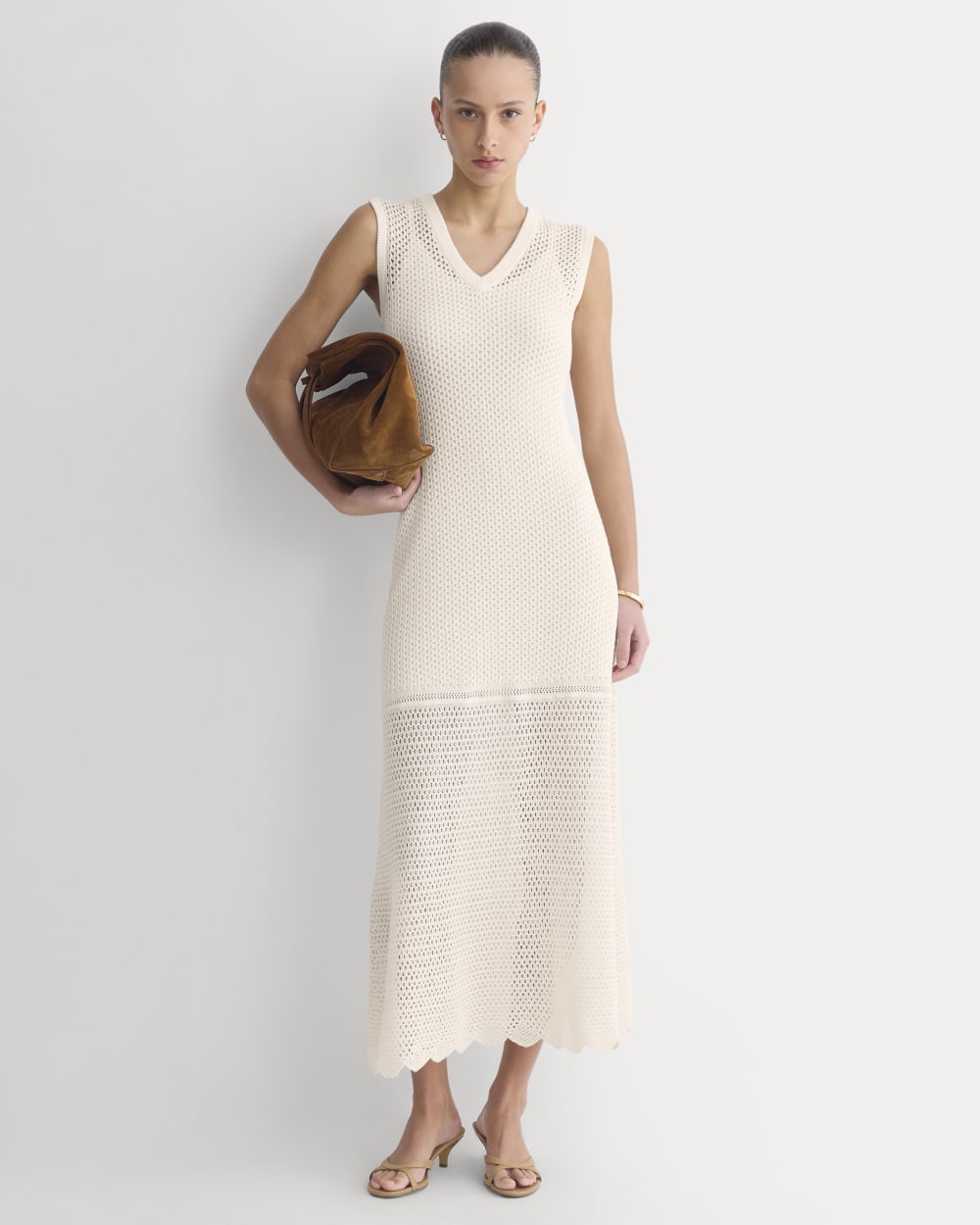 Lace Knit Maxi Sweater Dress in Bone — front view