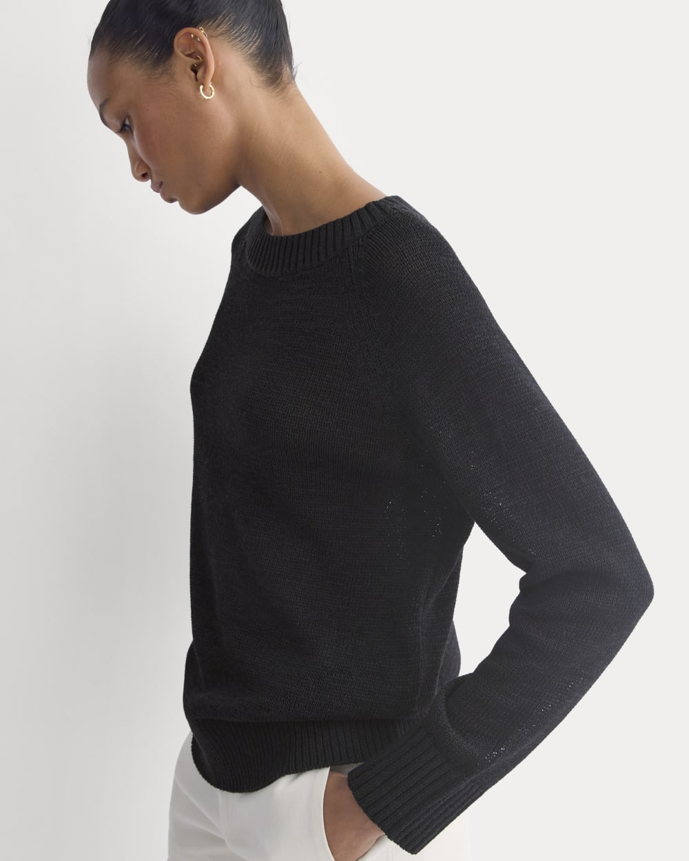 Wide-Neck Crew Sweater in Tape Yarn in Black — detail view