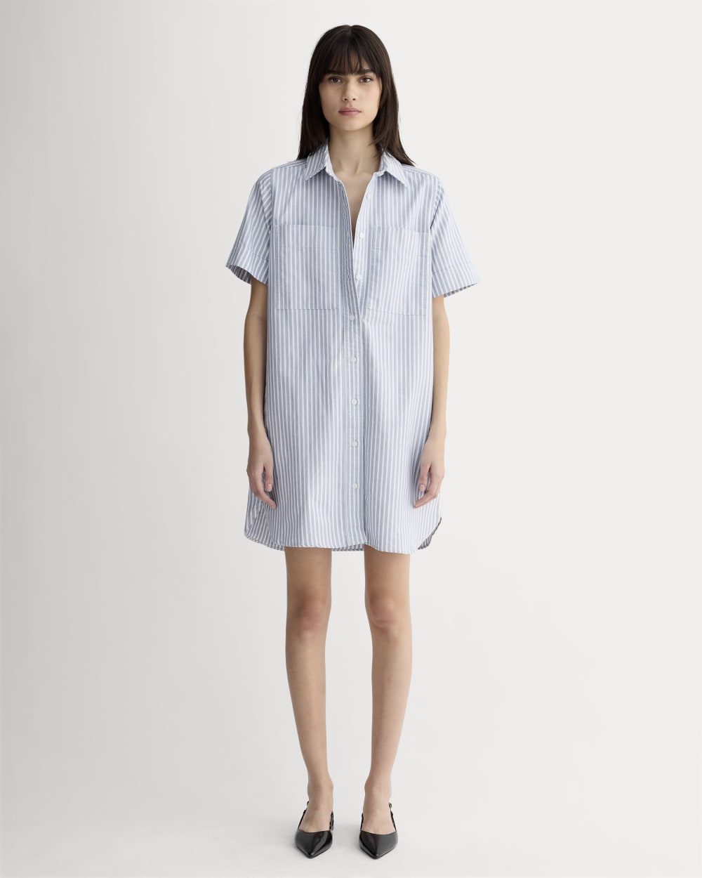 The Oxford Short-Sleeve Shirt Dress in Bone / Mazarine Blue — front view