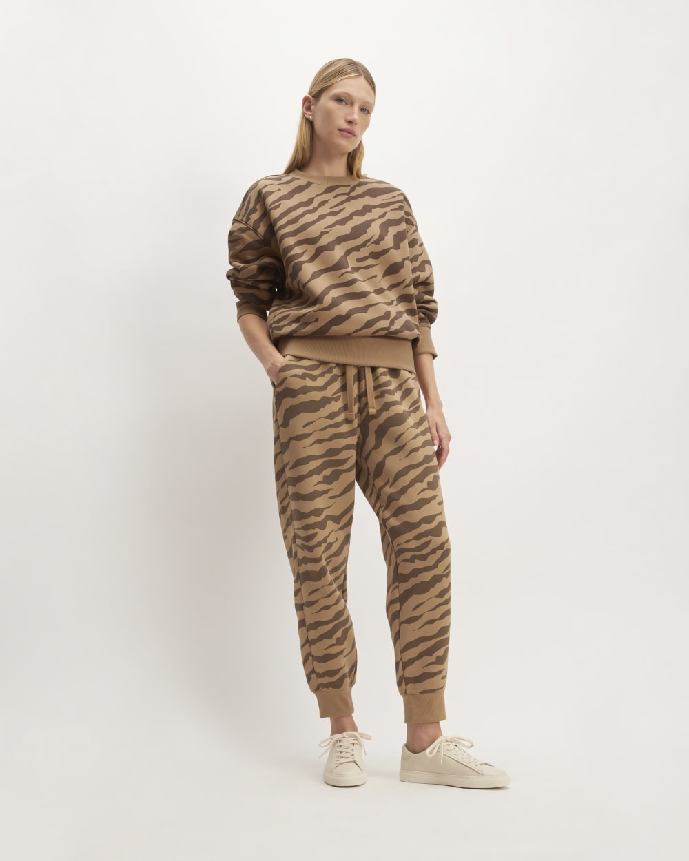 The ReTrack Oversized Crew in Cocoa Tiger Stripe — detail view