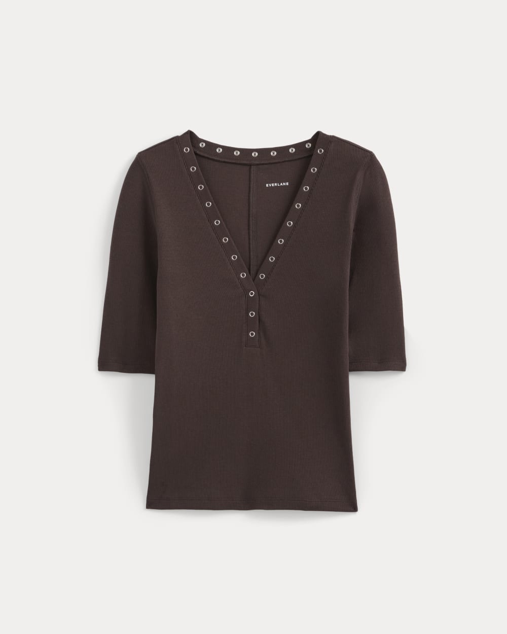 Luxe Rib V-Neck Henley in Coffee Bean — front view