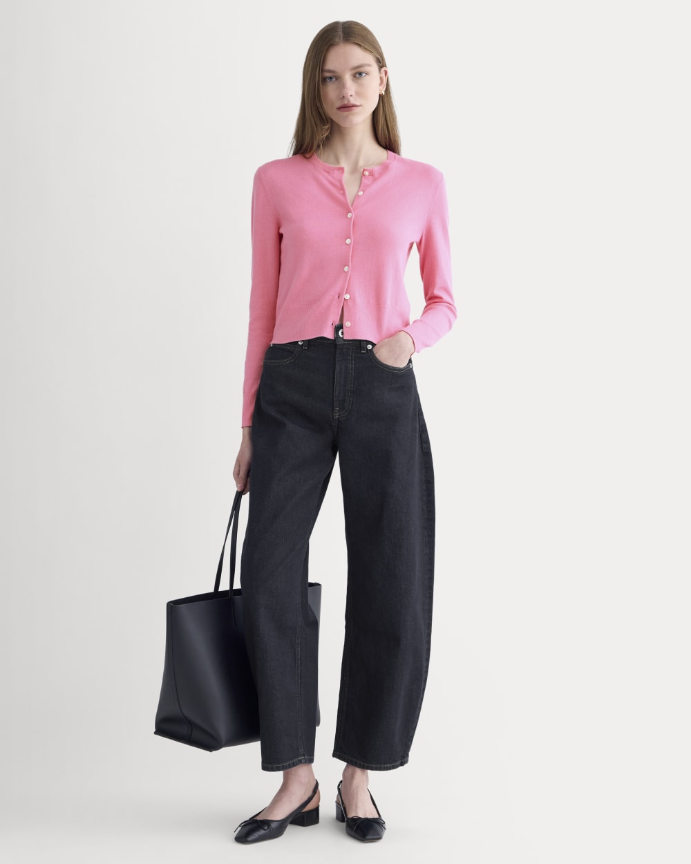 The Cropped Cardigan in Cotton Cashmere in Deep Pink — detail view