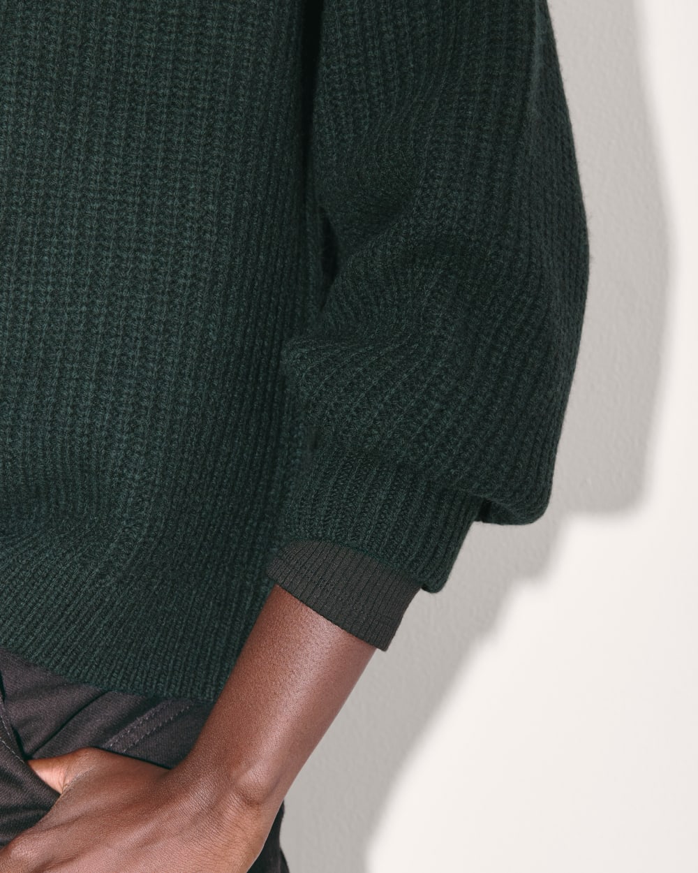 The Half-Zip Sweater in Luxe Merino in Heather Scarab Green — detail view