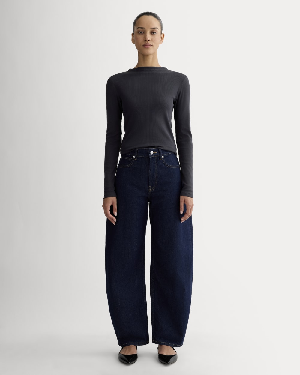 The Luxe Rib Funnel-Neck Tee in Navy — detail view