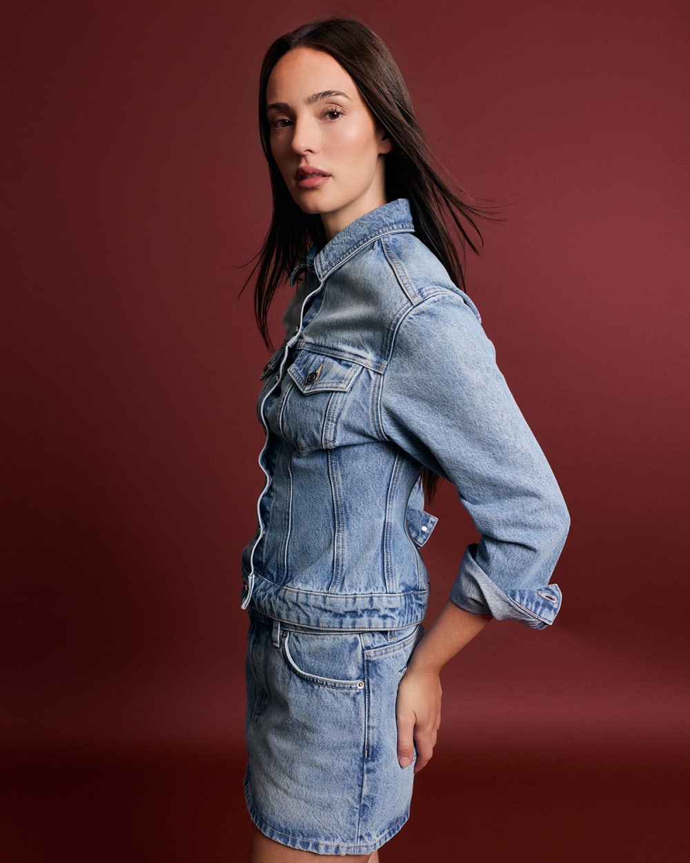 Everlane x Elena Bonvicini Thalia Mini Skirt in Crystal Cove Indigo — detail view