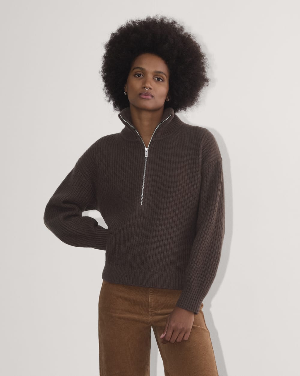 The Half-Zip Sweater in Luxe Merino in Earth Brown — front view