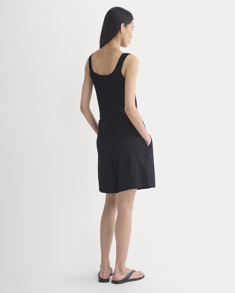 Lace-Trimmed Tank in Fine Linen in Black — detail view