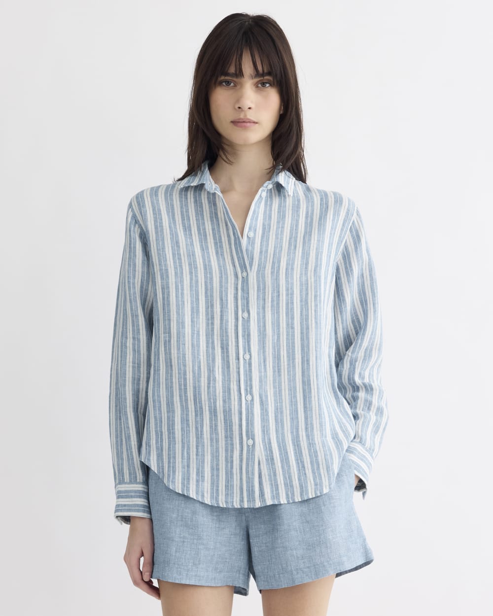 The Must-Have Shirt in Linen in Soft Cobalt/Bone — front view