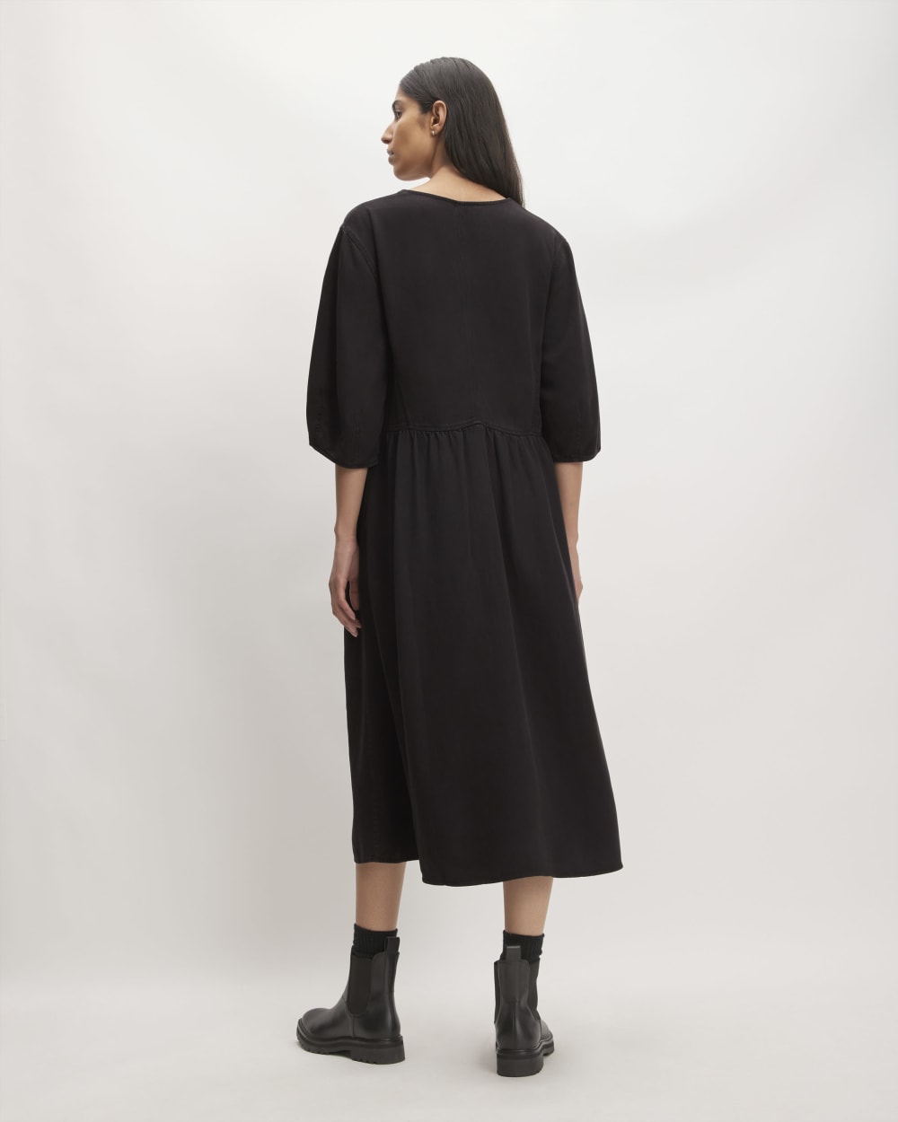 The TENCEL™ Puff-Sleeve Dress in Black — detail view