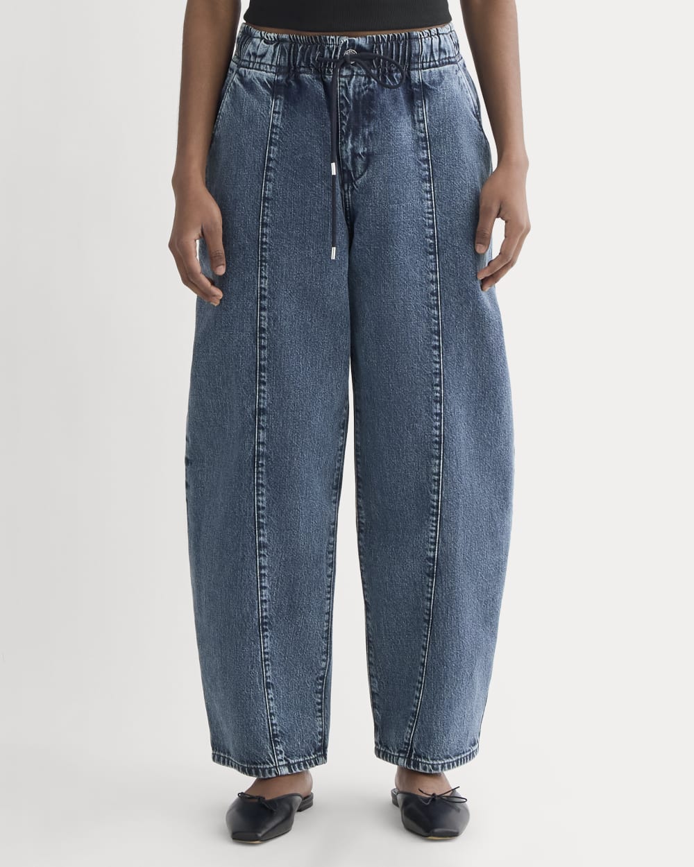 The Drawstring Baggy Jean in Mid Indigo — detail view