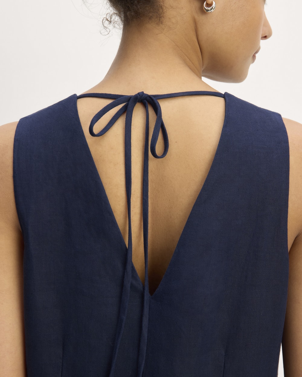 The Linen V-Neck Maxi Dress in Navy — detail view