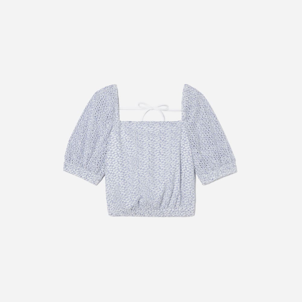 The Eyelet Puff Sleeve Top in Deep Blue / White — front view