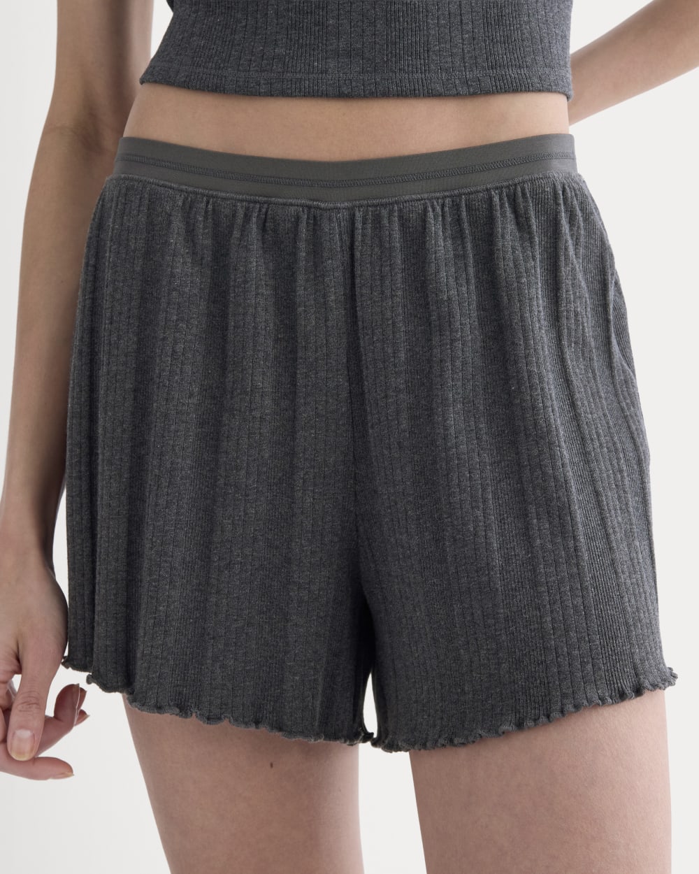 Lounge Rib Short in Heathered Soot — detail view