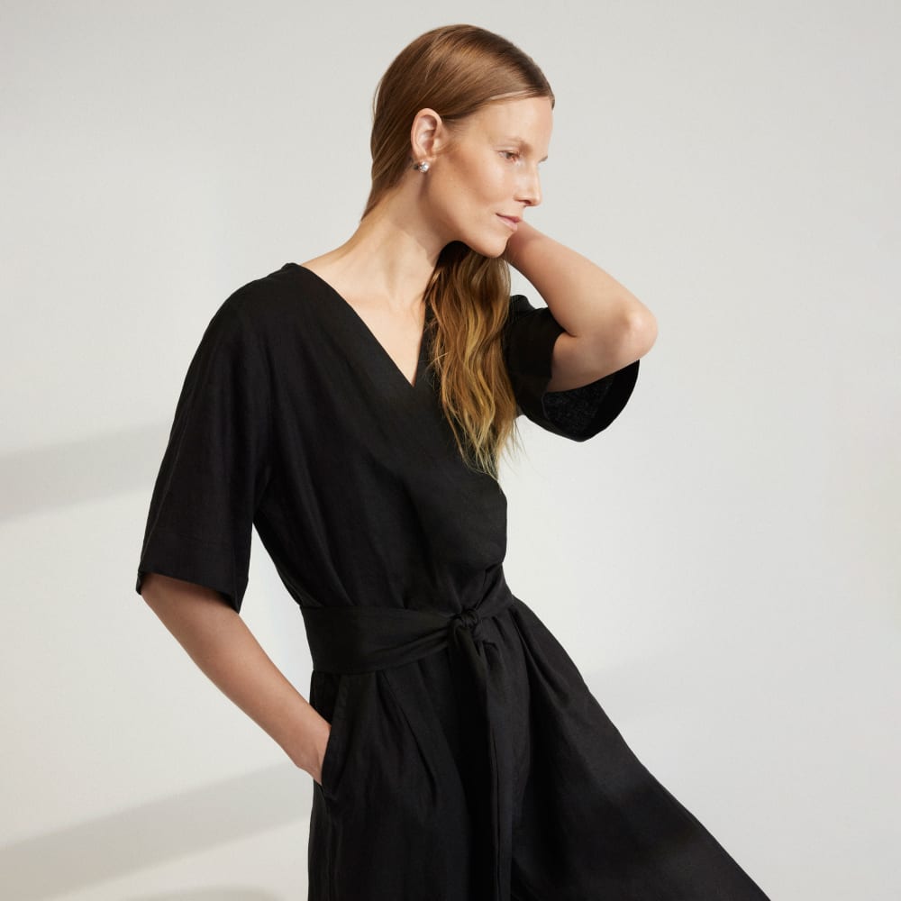 The Wrap Jumpsuit in Linen in Black — detail view