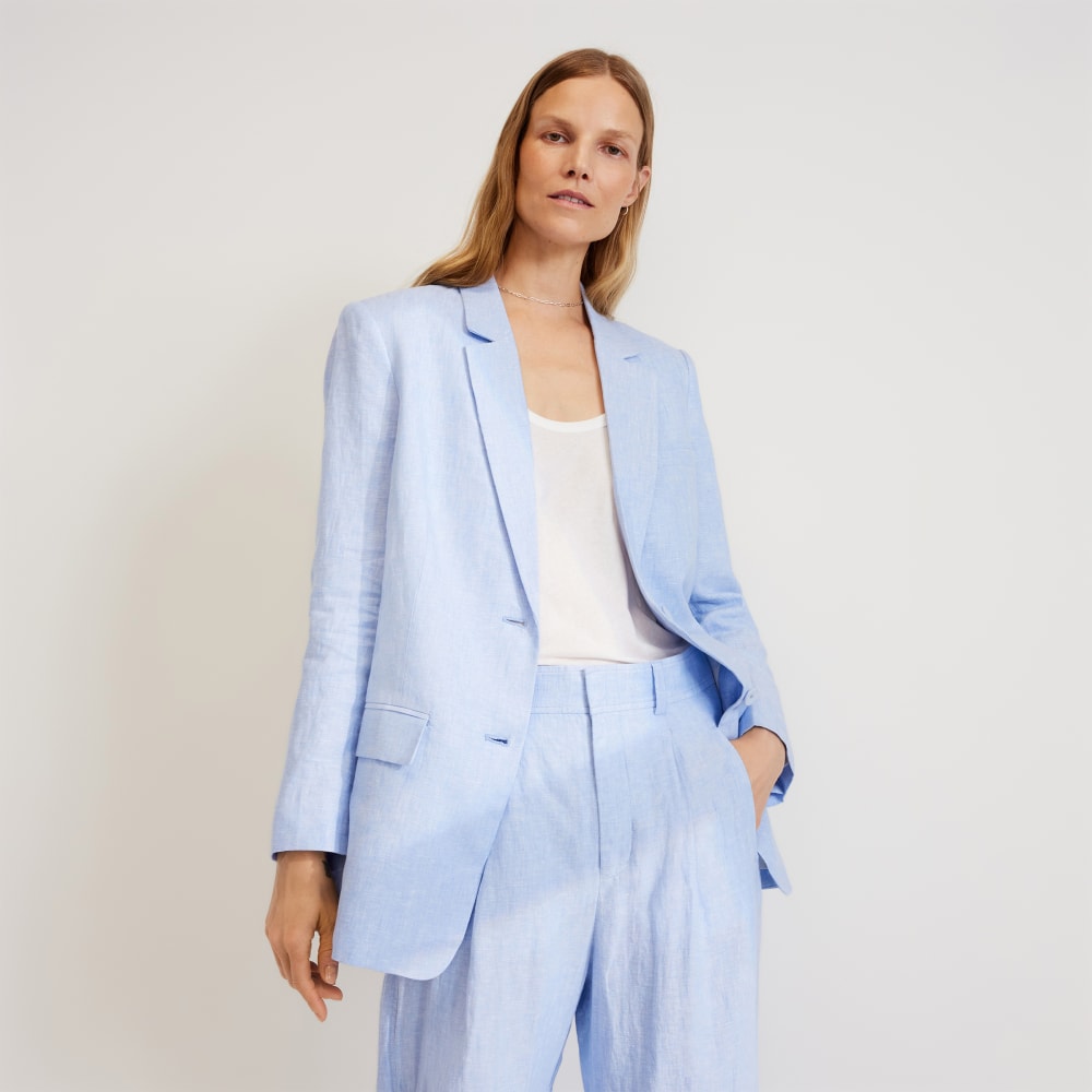 The Oversized Blazer in Linen in Light Blue — front view