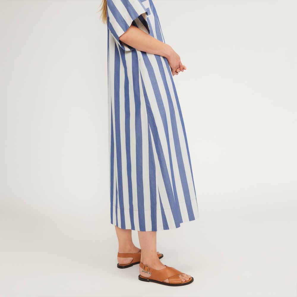 The Poplin Caftan Dress in Mazarine Blue / Bone — detail view