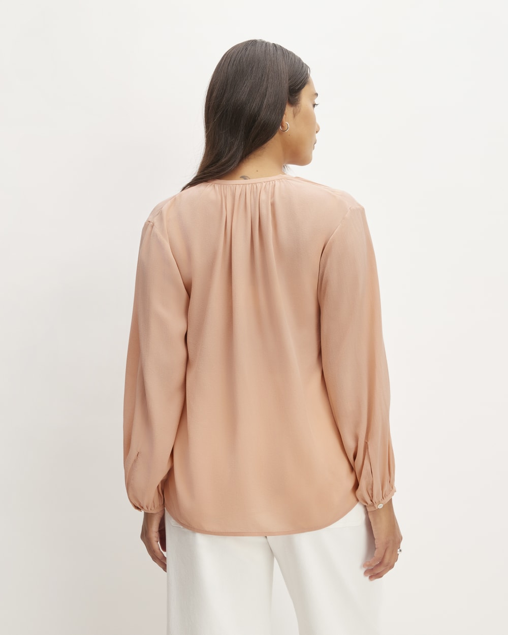 The Washable Clean Silk Shirred Blouse in Blush Pink — detail view