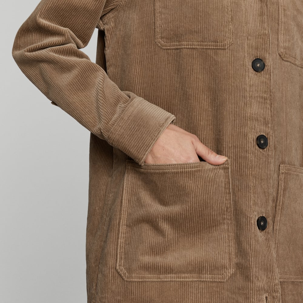 The Corduroy Long Shirt Jacket in Toasted Coconut — detail view