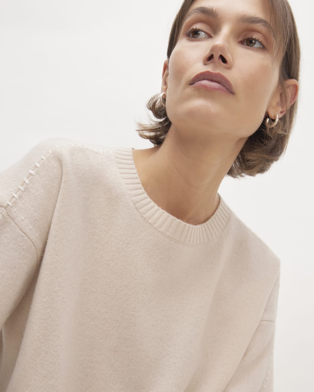 The Good Merino Wool Crewneck Sweater in Buttermilk / White — detail view