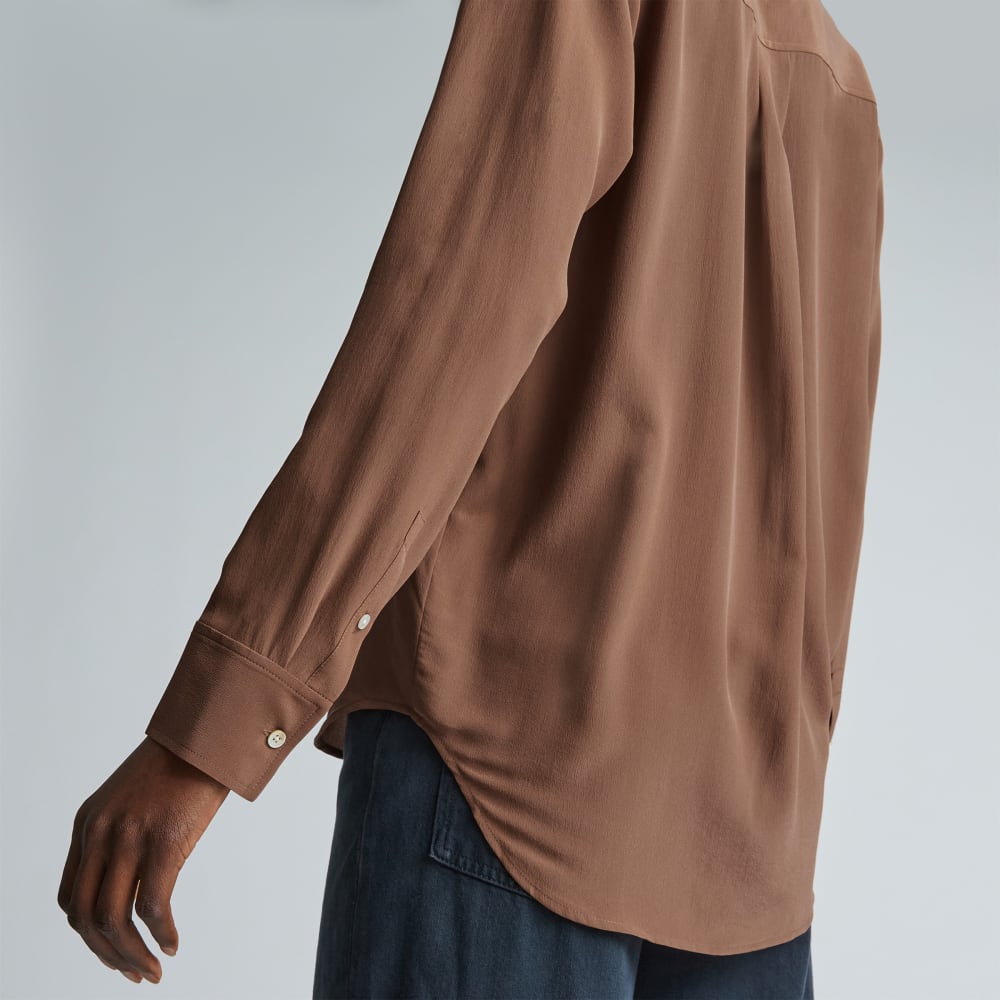 The Must-Have Shirt in Washable Silk in Carob Brown — detail view