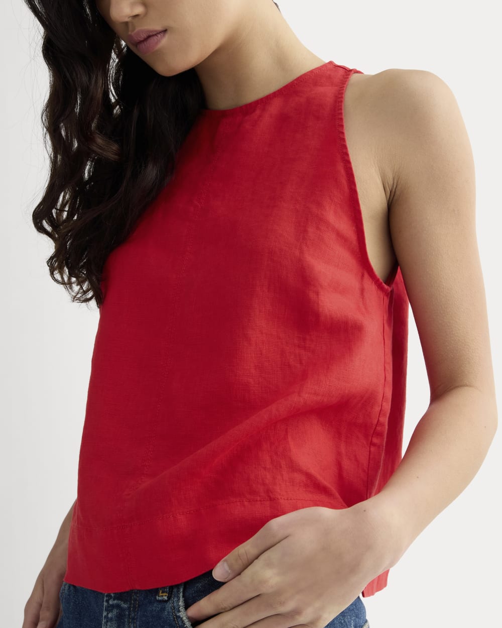 The Linen High-Neck Tank in Classic Red — detail view