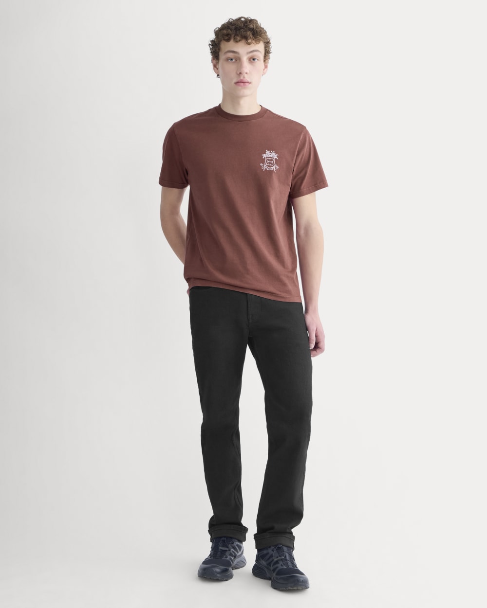 Everlane x Peace and Quiet Crest Graphic Tee in Wine — detail view