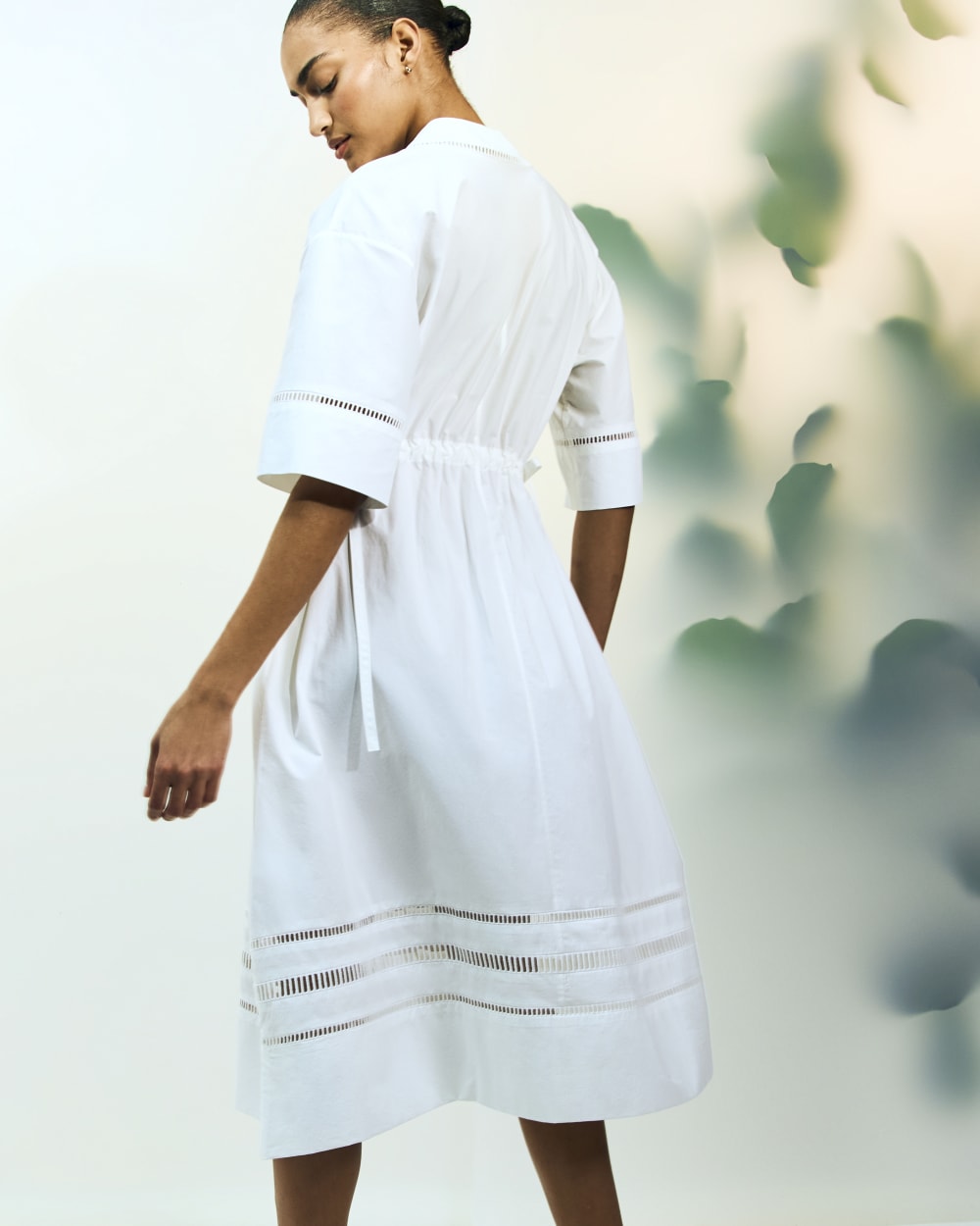 The Lace Trim Caftan Dress in White — detail view