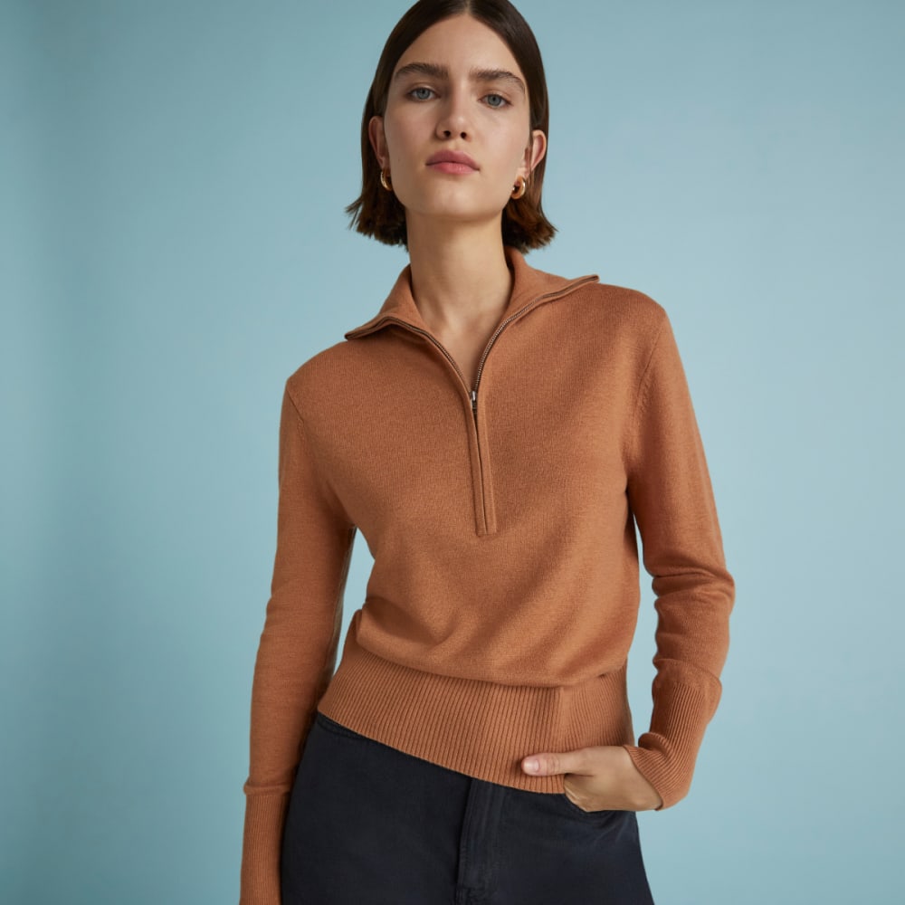 The Luxe Merino Half-Zip Sweater in Tawny Brown — detail view