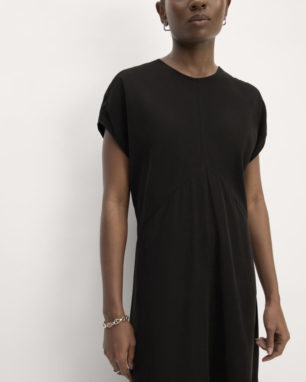 The TENCEL™ Short-Sleeve Midi Dress in Black — detail view