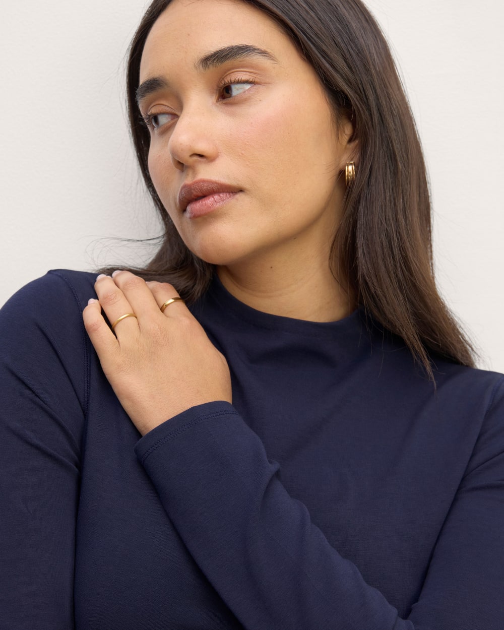The Form Funnel-Neck Tee in Navy — detail view