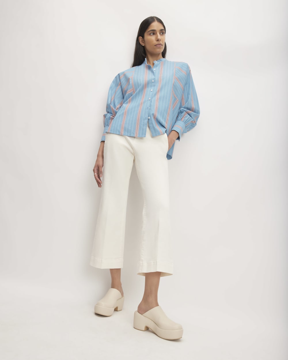 The Oversized Raglan Shirt in Parisian Blue / Black / Rusted Red / Bone — detail view