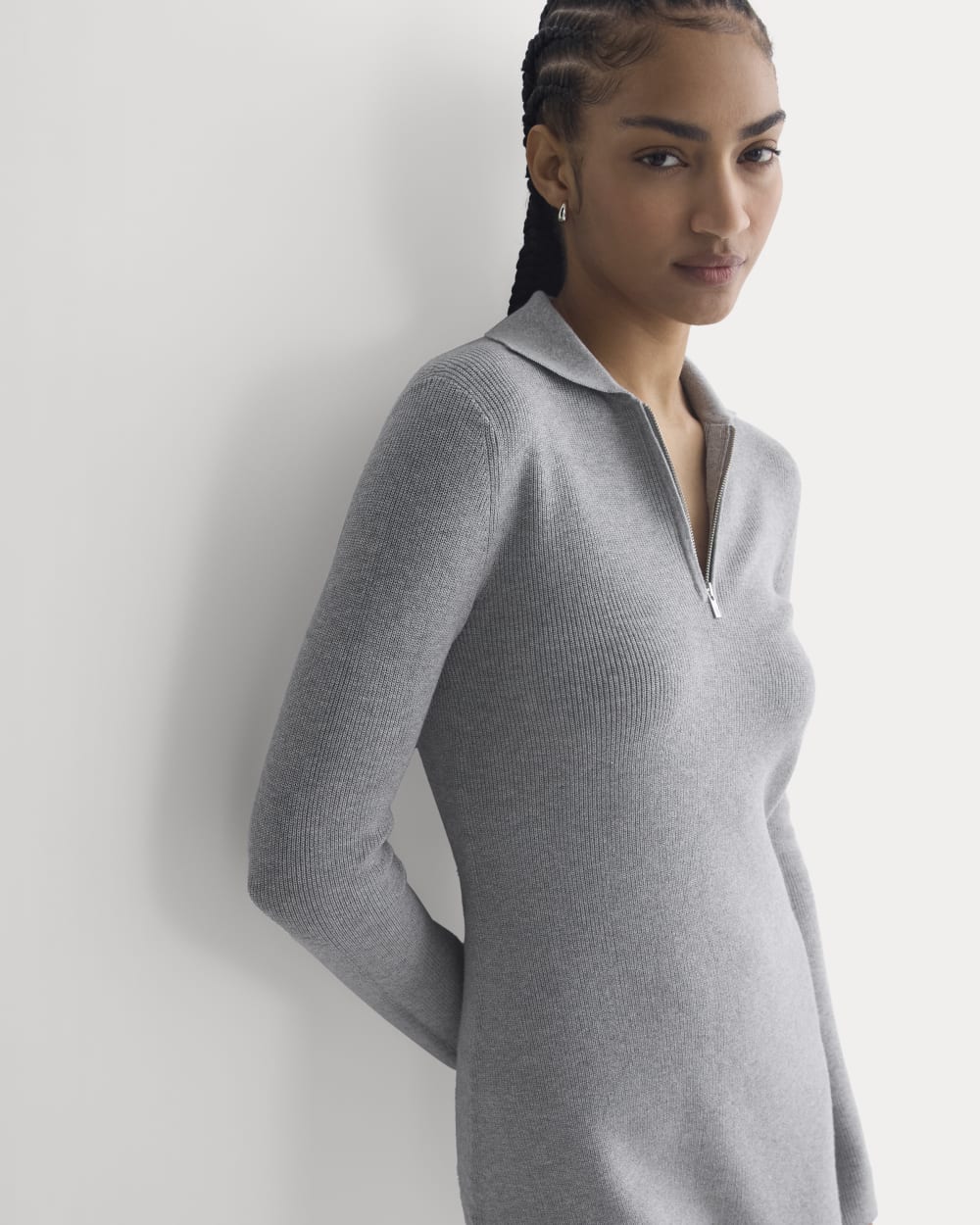 Knit Quarter-Zip Polo Dress in Light Heathered Grey — detail view