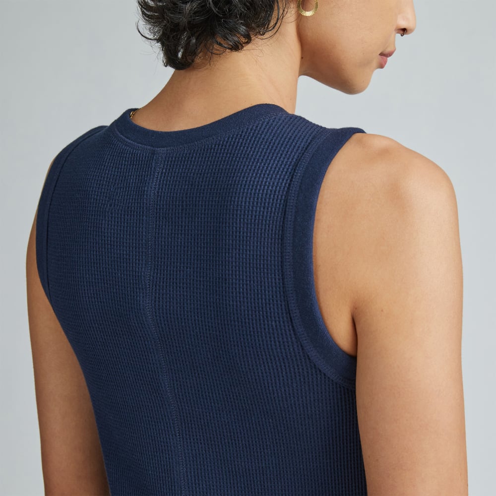 The Organic Cotton Waffle Tank Dress in Navy — detail view