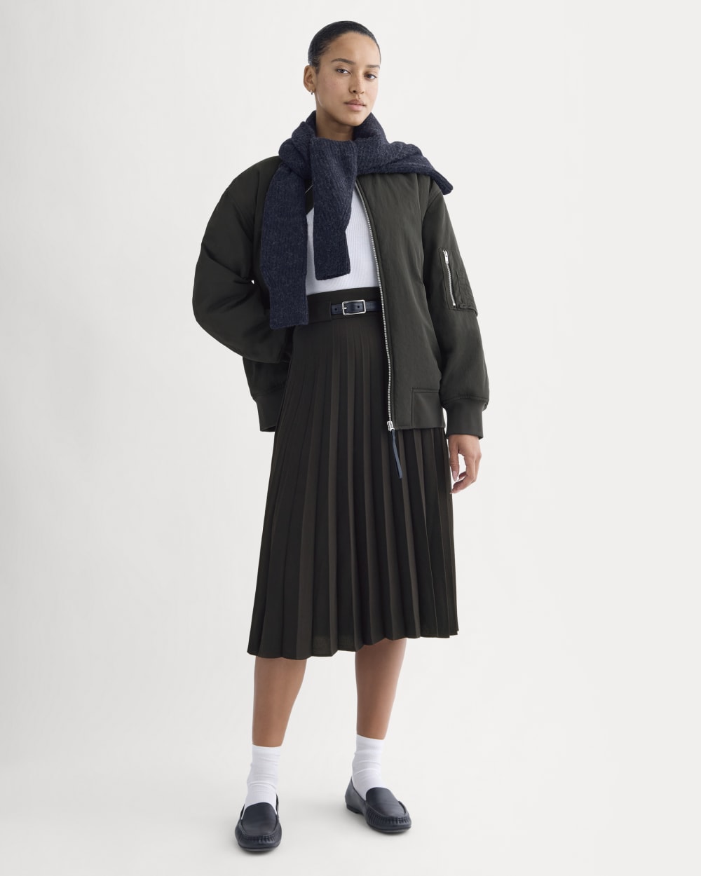 Pleated Crepe Midi Skirt in Black — front view